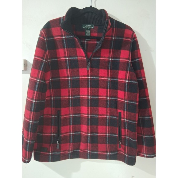 Lauren Ralph Lauren Tops - Lauren Ralph Lauren M  Red Black Plaid Fleece Quarter Zip Pullover